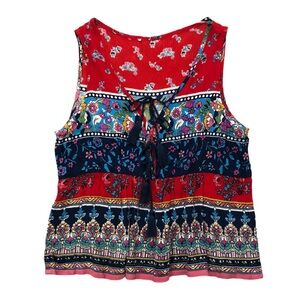 Multicolored Floral Print Tassel Tie Front Top- Size Small